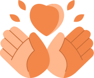 Deux mains ouvertes tournées vers le haut avec un cœur et quatre petites feuilles ou gouttelettes au-dessus d'elles, suggérant l'attention, l'amour ou le soutien. L'image utilise des nuances d'orange et un dessin simple et stylisé.